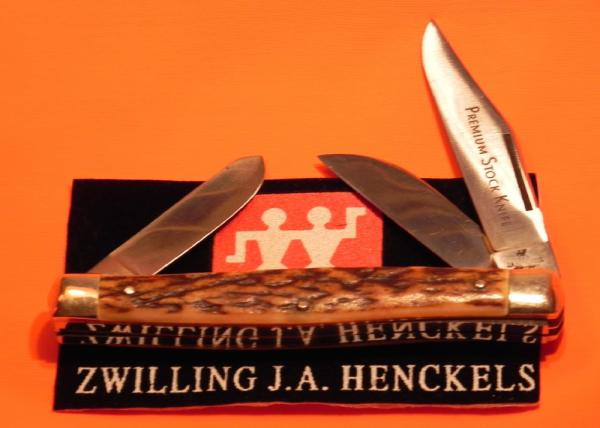 Vint  J A Henckels 3 Blade Stockman "Premium Stock" #190 Pocket Knife -Nice Stag Handles & Etching