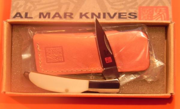 Al Mar Key Chain Knife MDL# 1001WM w White Micarta Handles- 2 & 1/4" Closed -Blade Etch +Pouch & Box Al Mar Key Chain Knife MDL# 1001WM w White Micarta Handles- 2 & 1/4" Closed -Blade Etch +Pouch & Box