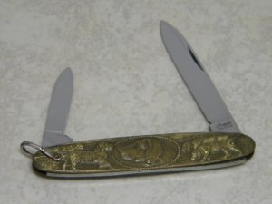 Arnex Stainless Solingen Germany "Hound Dogs" Figural Brass 2 Blade Watch Fob Pen Knife