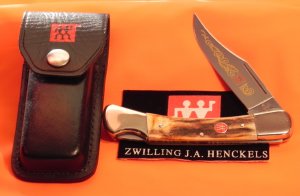 J A Henckels Lg 5" Folding Hunter (HK19-S) with Great Stag Handles & Gold Scroll Blade Etch +Sheath