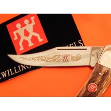 J A Henckels Lg 5" Folding Hunter (HK19-S) with Great Stag Handles & Gold Scroll Blade Etch +Sheath