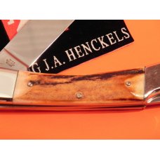 J A Henckels Lg 5" Folding Hunter (HK19-S) with Great Stag Handles & Gold Scroll Blade Etch +Sheath