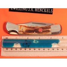 J A Henckels Lg 5" Folding Hunter (HK19-S) with Great Stag Handles & Gold Scroll Blade Etch +Sheath