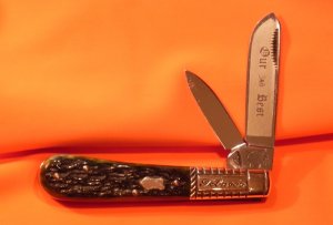 Vintage Bulldog Brand HAND MADE 2 Blade "Our Best" Tobacco Barlow w/ Green Pick Bone Handles -NOS