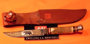 J A Henckels Fixed Blade Hunter knife HK501 w Deer Stag Handles +Gold Scroll & Black Bear Blade Etch