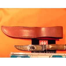 J A Henckels Fixed Blade Hunter knife HK501 w Deer Stag Handles +Gold Scroll & Black Bear Blade Etch J A Henckels Fixed Blade Hunter knife HK501 w Deer Stag Handles +Gold Scroll & Black Bear Blade Etch