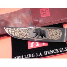J A Henckels Fixed Blade Hunter knife HK501 w Deer Stag Handles +Gold Scroll & Black Bear Blade Etch J A Henckels Fixed Blade Hunter knife HK501 w Deer Stag Handles +Gold Scroll & Black Bear Blade Etch