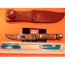J A Henckels Fixed Blade Hunter knife HK501 w Deer Stag Handles +Gold Scroll & Black Bear Blade Etch J A Henckels Fixed Blade Hunter knife HK501 w Deer Stag Handles +Gold Scroll & Black Bear Blade Etch