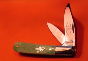Vintage Ka-Bar Lo Club 2 Blade Dog Head Barlow Pocket Knife w/ Great Green Bone Handles - NOS & NM