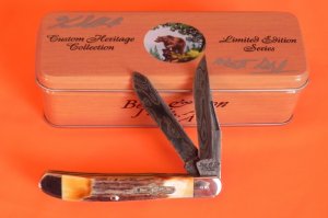 Bear & Son Cutlery Special Build (AG Russell) Trapper w Handles and Damascus Blades #10 of 50 -Mint
