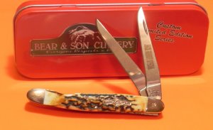Bear & Son Cutlery Special Build Muskrat  Blade Jack Rabbit Special Trapper w Stag Horn Handles -NOS