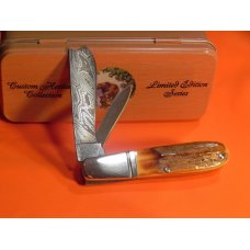 Bear & Son Special Build (#55) 2 Blade Barlow w/ India Stag Handles and Damascus Blades -NOS & Mint