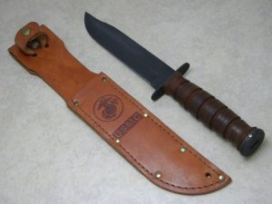 Camillus NY USA USMC Stacked Leather Fixed Blade Fighting Knife & Leather Sheath
