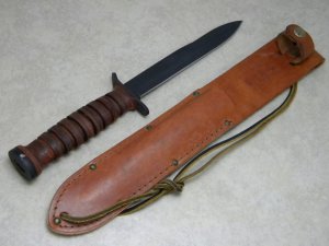 Camillus USA US M3 Stacked Leather Fixed Blade Fighting Knife & Leather Sheath