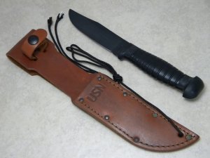 Colonial Prov. RI USN (United States Navy) Black Fixed Blade Knife & Leather Sheath