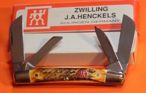 Vintage, NOS, J A Henckels 4 Blade Congress Knife w/ Nice Stag Handles w/ Red Shield +Orig Box