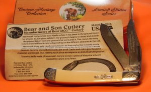 Bear & Son Special Build #113 Trapper w/ Mammoth Ivory Handles & Fancy Scrolled Bolsters +Blade Etch