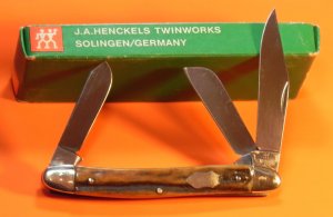 Vintage 1960s  J A Henckels 3 Blade Stockman MDL#1815 Pocket Knife w/ Great Stag Handles! NOS w/ Box