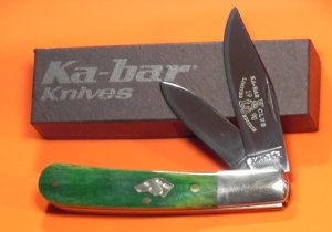 Vintage Ka-Bar Lo Club 2 Blade Dog Head Barlow Pocket Knife w/ Great Green Bone Handles - NOS & NM