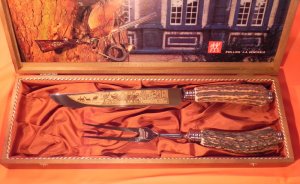 Zwilling J A Henckels Carving Knife w/ Elk Wildlife Blade Etch + Serving Fork & Premium Stag Handles