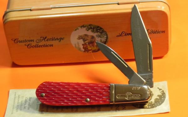 Bear & Son Special Build (#119) 2 Blade Barlow w/ Cherry Red Bone Handles and Blade Etch -NOS & NM