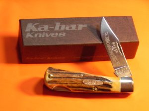 Vintage Ka-Bar Club 1 Blade Folding Lock Back Knife w/ Great Stag Handles & Blade Etch  -NOS & NM