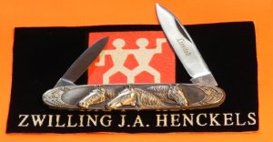Vintage J A Henckels 2 Blade Gents Knife w/ Horse Heads on Metal Handles -Limited Edition