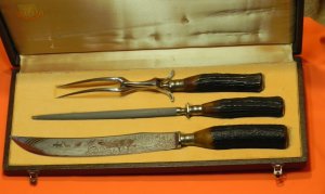 J A Henckels Carving Set, Knife w Elk Wilderness Blade Etch + Serving Fork & Sharpner & Stag Handles