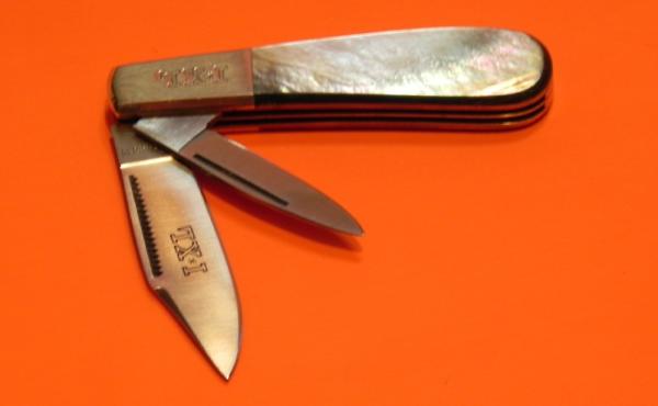 I*XL Barlow Pocket Knife w/ Black Lip Pearl & fiery Multi-Colored Handles -I*XL Blade Etch-IXL -NOS