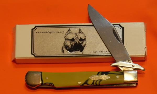 2006 HAND MADE Bulldog Brand 1 Blade Swing Guard, Cheetah Style Knife w/ Yellow/Black Swirl Handles 2006 HAND MADE Bulldog Brand 1 Blade Swing Guard, Cheetah Style Knife w/ Yellow/Black Swirl Handles