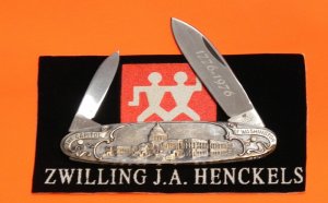 Vintage J A Henckels 2 Blade Gentlemen's Knife w/ Washington Capital and Arch on Metal Handles -NOS