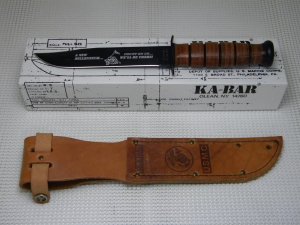 Ka-Bar Olean, NY Stacked Leather USMC New Millennium Fixed Blade Fighting Knife & Sheath in Box