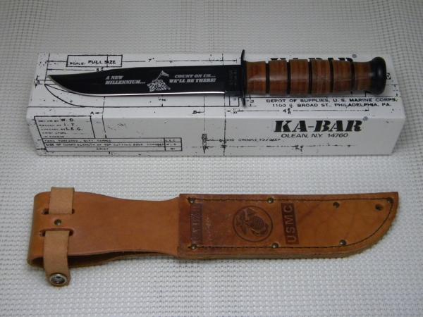 Ka-Bar Olean, NY Stacked Leather USMC New Millennium Fixed Blade Fighting Knife & Sheath in Box Ka-Bar Olean, NY Stacked Leather USMC New Millennium Fixed Blade Fighting Knife & Sheath in Box
