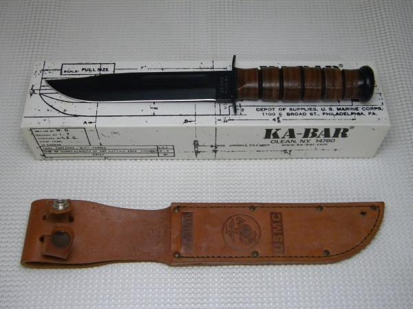 Ka-Bar Olean, NY Stacked Leather #1217 USMC Fixed Blade Fighting Knife & Sheath in Box c.2001 Ka-Bar Olean, NY Stacked Leather #1217 USMC Fixed Blade Fighting Knife & Sheath in Box c.2001