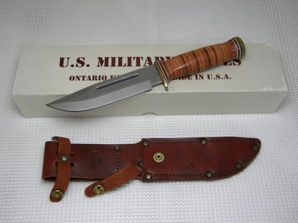 Ontario Knife Co. USA Stacked Leather P3 Army Quartermaster Fixed Blade Knife & Sheath in Box c.1995