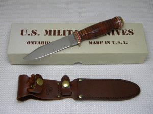 Ontario Knife Co. USA Stacked Leather P2 U.S.N. Mark 1 Navy Fixed Blade Knife & Sheath in Box c.1995