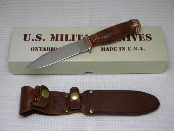 Ontario Knife Co. USA Stacked Leather P2 U.S.N. Mark 1 Navy Fixed Blade Knife & Sheath in Box c.1995 Ontario Knife Co. USA Stacked Leather P2 U.S.N. Mark 1 Navy Fixed Blade Knife & Sheath in Box c.1995