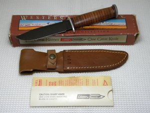 Western USA L71 Stacked Leather USN SEABEE Fixed Blade Knife & Sheath in Box c.1985