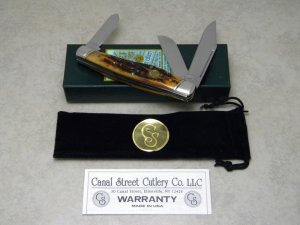 Canal Street Cutlery Co. USA Amber Stag Bone 312321 Reverse Gunstock Stockman Knife in Box c.2007