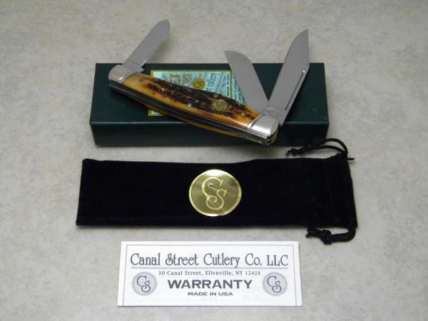 Canal Street Cutlery Co. USA Amber Stag Bone 312321 Reverse Gunstock Stockman Knife in Box c.2007 Canal Street Cutlery Co. USA Amber Stag Bone 312321 Reverse Gunstock Stockman Knife in Box c.2007
