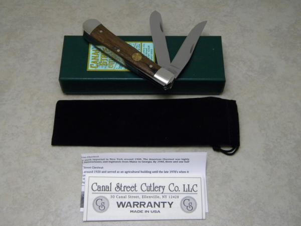 Canal Street Cutlery Co. USA Reclaimed American Chestnut 215104 Trapper Knife in Box c.2010 Canal Street Cutlery Co. USA Reclaimed American Chestnut 215104 Trapper Knife in Box c.2010
