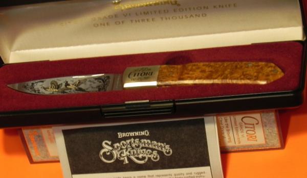 Browning Citori Grade VI Commemorative Knife w Quince Wood Handles 24k Gold Hunt Scene Etch 1of 3000