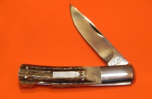 Russell 3 & 1/2" Lock Blade Pocket Knife w/ Great Stag Handles & Bullet Shield -NOS
