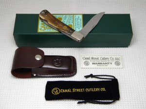 Canal Street Cutlery Co. USA Mahogany Buffalo Horn *Prototype* Squeeze Lockback Knife & Pouch in Box