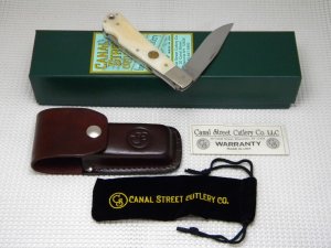 Canal Street Cutlery Co. USA Antique Ivory Bone 1134549 Squeeze Lockback Knife & Pouch in Box c.2012