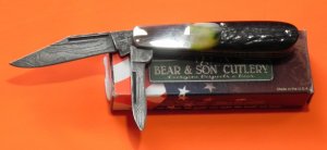 Bear & Son MGC 2 Blade Barlow w/ Genuine Black & Green Stag Handles & Ladder Damascus Blades -NOS
