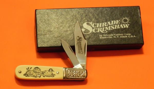 Vintage Schrade Scrimshaw 2 Blade Barlow (SC506) w Puppy Laying w Duck Nature Scene +Fancy Bolsters Vintage Schrade Scrimshaw 2 Blade Barlow (SC506) w Puppy Laying w Duck Nature Scene +Fancy Bolsters
