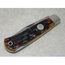 Queen Cutlery Co. Titusville PA. #3L ACSB Amber Carved Stag Bone Mountain Man Lockback Knife in Box