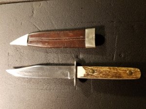 Late 1890's -early 1900's Wade and Butcher Bowie with original scabbard. "Bowie" etch still visible 