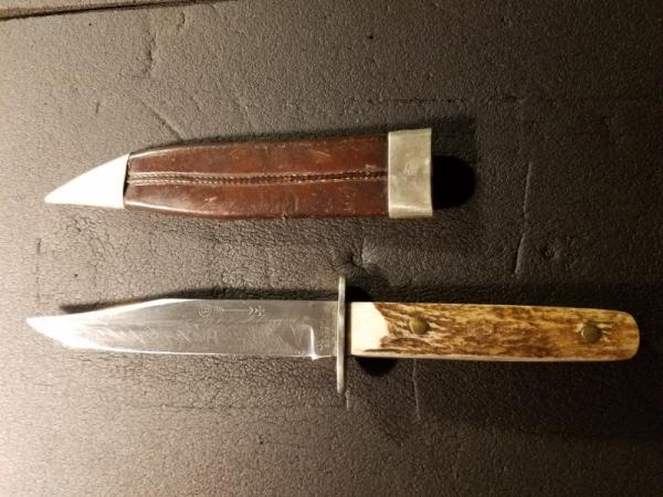 Late 1890's -early 1900's Wade and Butcher Bowie with original scabbard. "Bowie" etch still visible 